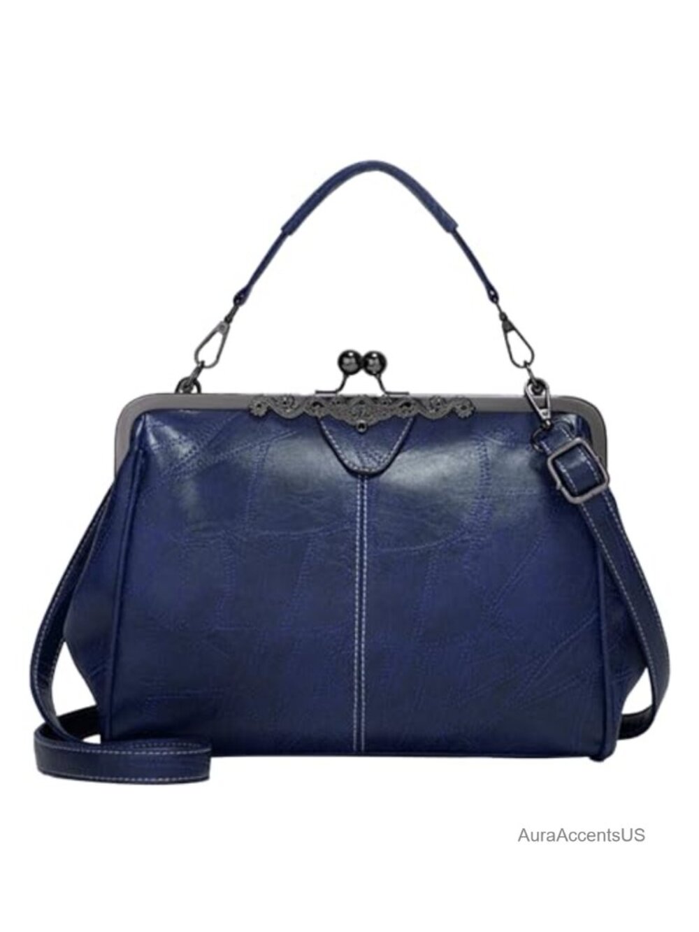 Vintage Kiss Lock Satchel Crossbody Purse for Women Faux Leather Retro Handbag